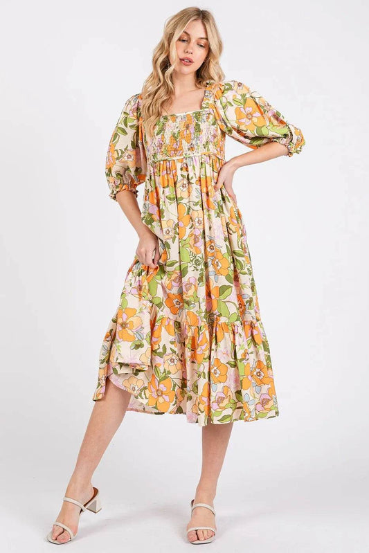 Mittoshop Flower Print Puff Sleeve Ruffle Smocked Midi Dress - Shop Style & More | Fresh Looks, Everyday Deals & Free Shipping