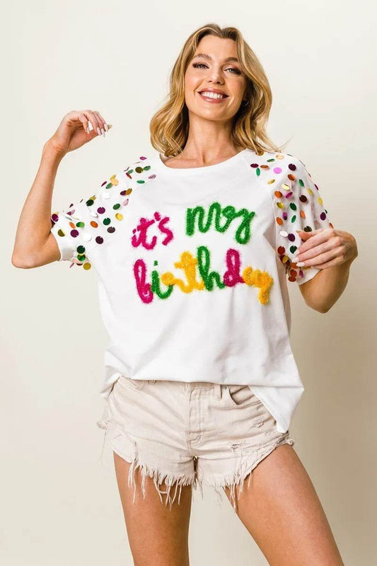 BiBi Metallic Letter Spangle Raglan Puff Sleeve Top - Shop Style & More | Fresh Looks, Everyday Deals & Free Shipping