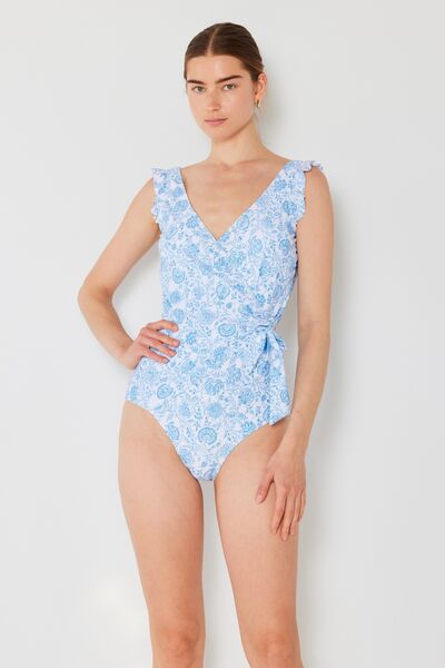 Marina West Swim Full Size Float Ruffle Faux Wrap One-Piece Swimsuit Blue One-Piece Swimwear