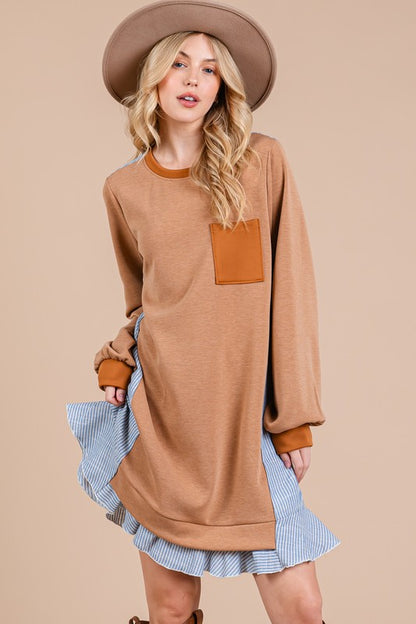 Ces Femme Striped Patchwork Round Neck Terry Sweatshirt Dress Casual Dresses