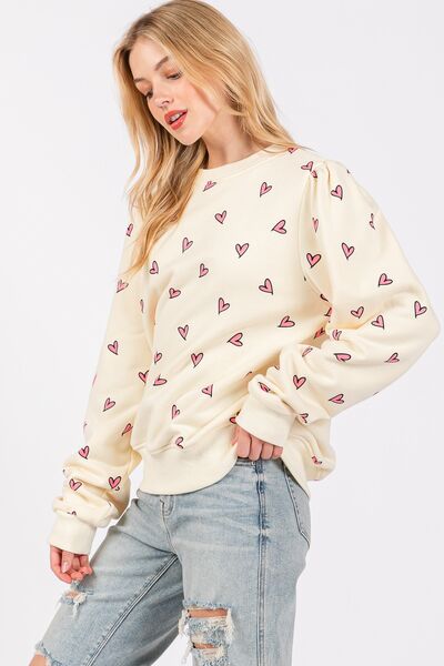 SAGE + FIG Heart Printed Contrast Long Sleeve Sweatshirt Hoodies & Sweaters