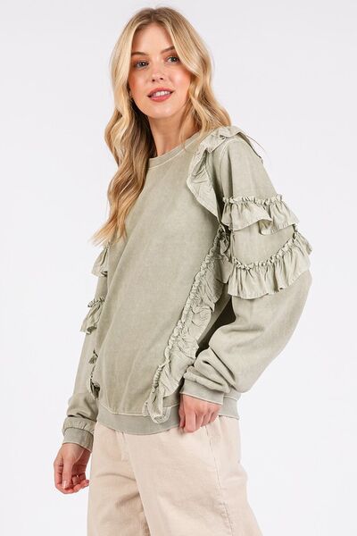 Mittoshop Ruffled Mineral Washed Round Neck Long Sleeve Sweatshirt Hoodies & Sweaters