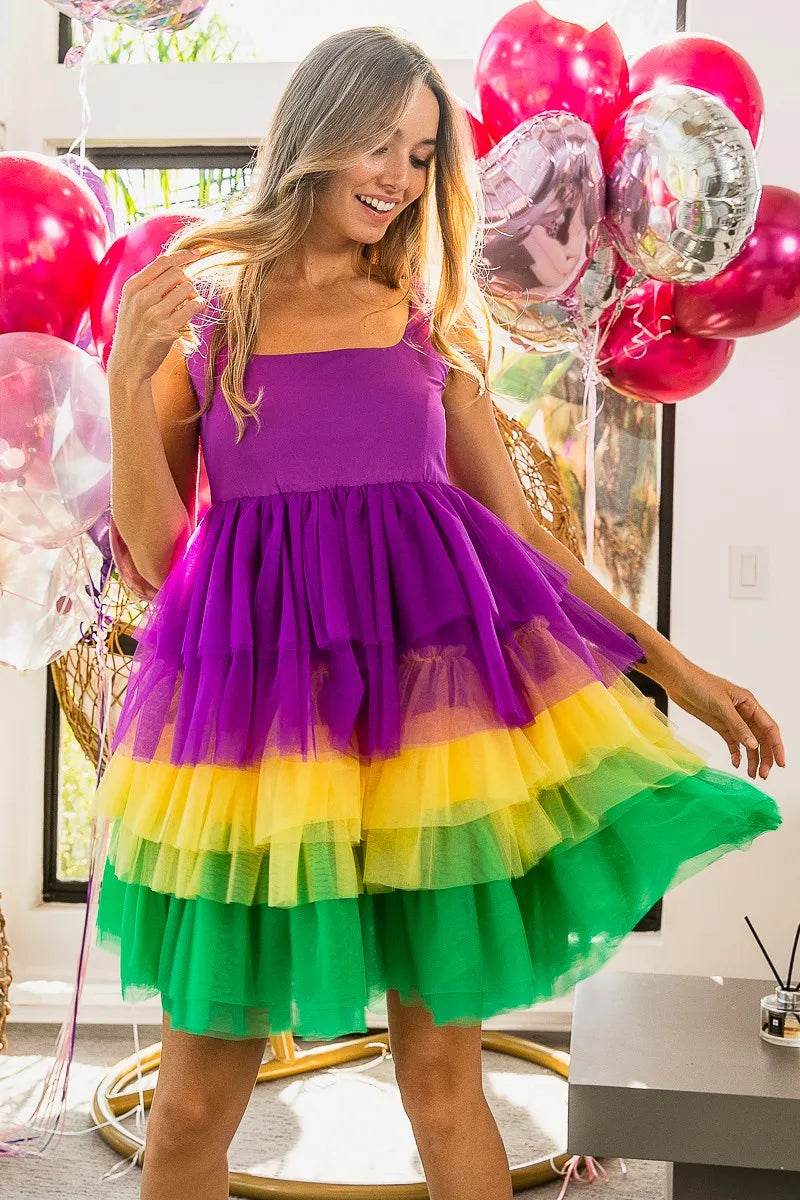 BiBi Mardi Gras Color Block Layered Mesh Tiered Dress - Shop Style & More | Fresh Looks, Everyday Deals & Free Shipping