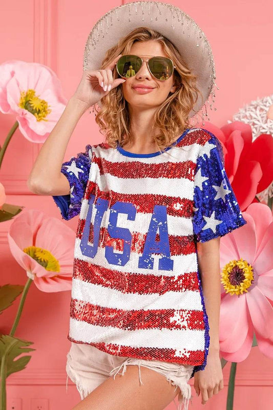 BiBi American Flag Theme USA Lettering Sequin Top - Shop Style & More | Fresh Looks, Everyday Deals & Free Shipping