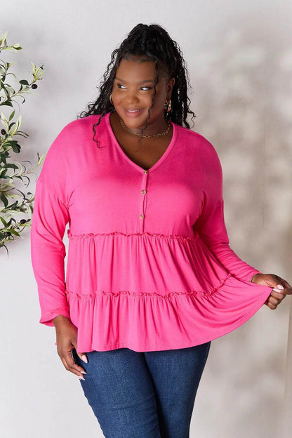 Double Take Half Button Long Sleeve Ruffle Hem Blouse - Shop Style & More | Fresh Looks, Everyday Deals & Free Shipping