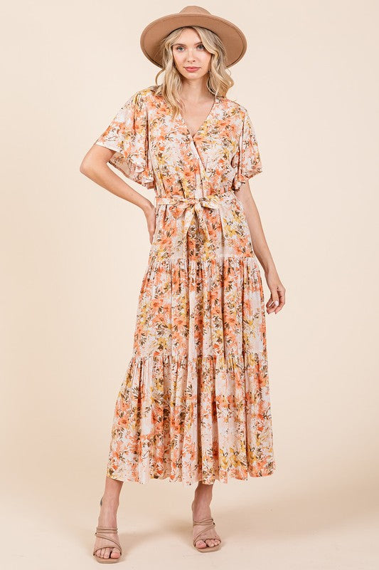 Mittoshop Floral Tie Waist Flutter Sleeve Tiered Dress Casual Dresses