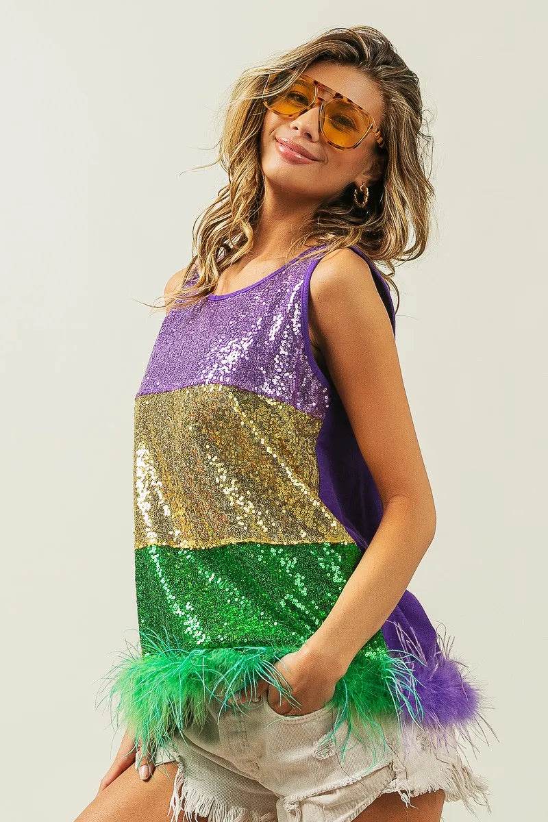 BiBi Mardi Gras Color Block Faux Feather Hem Sequin Top - Shop Style & More | Fresh Looks, Everyday Deals & Free Shipping