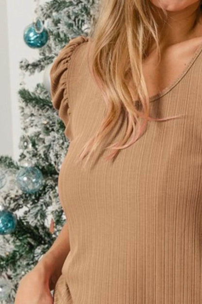 BiBi Verigated Rib Knit Puff Sleeves Shorts Top - Shop Style & More | Fresh Looks, Everyday Deals & Free Shipping