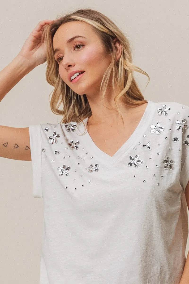 BiBi Slub Jersey Rhinestone V Neck Top - Shop Style & More | Fresh Looks, Everyday Deals & Free Shipping