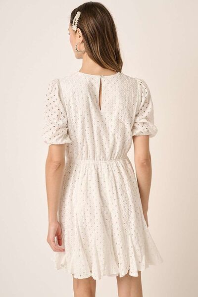 Mittoshop Eyelet Round Neck Puff Sleeve Mini Dress Casual Dresses