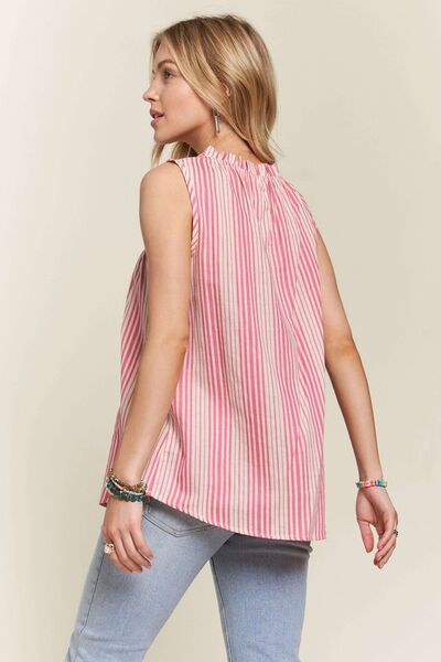 ADORA Contrast Striped Frill Round Neck Sleeveless Top Blouses