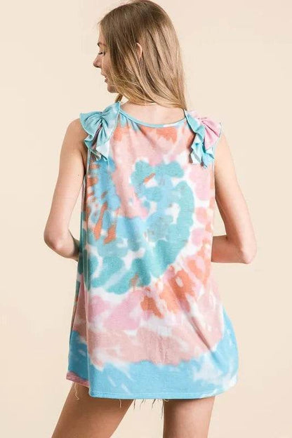 BiBi Circular Tie Dye Knit V Neck Top With Ruffle - Shop Style & More | Fresh Looks, Everyday Deals & Free Shipping
