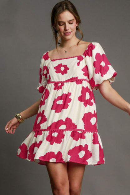 Umgee Full Size Contrast Floral Short Sleeve Mini Dress Plus Size Deep Rose Casual Dresses