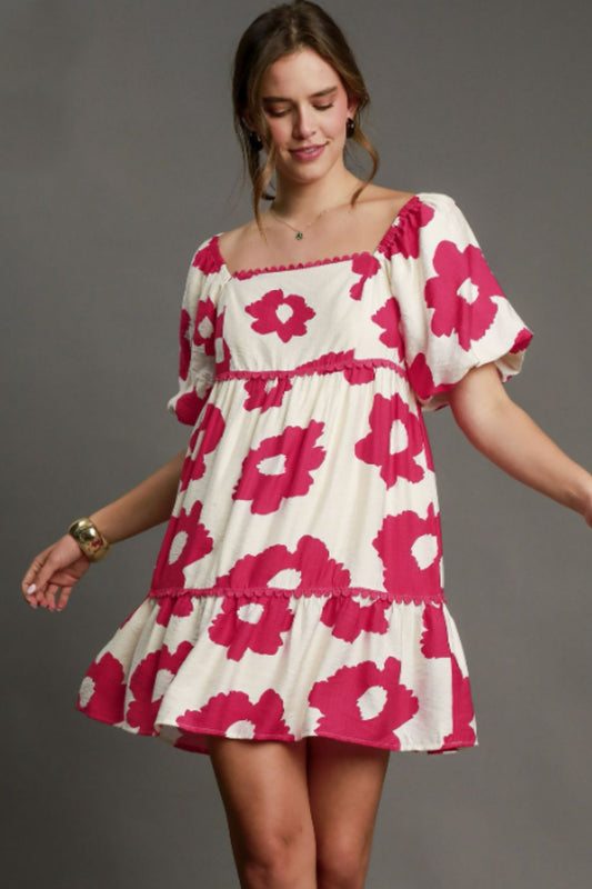 Umgee Full Size Contrast Floral Short Sleeve Mini Dress Plus Size Deep Rose Casual Dresses