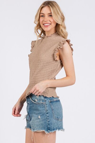 Ces Femme Texture Mock Neck Ruffle Cap Sleeve Blouse Blouses