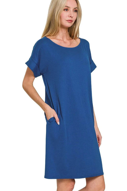 Zenana Rolled Short Sleeve Round Neck Dress - Shop Style & More | Fresh Looks, Everyday Deals & Free Shipping