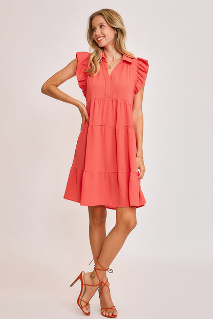 Umgee Full Size Johnny Collar Ruffle Cap Sleeve Tiered Dress Plus Size Casual Dresses