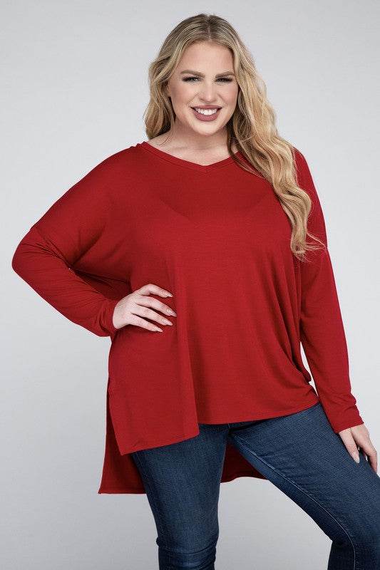 Plus Dolman Sleeve V-Neck Side Slit Hi-Low Hem Top - Shop Style & More | Fresh Looks, Everyday Deals & Free Shipping