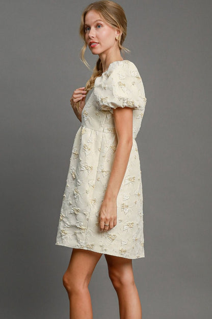 Umgee Heart Jacquard Square Neck Puff Sleeve Mini Dress Casual Dresses