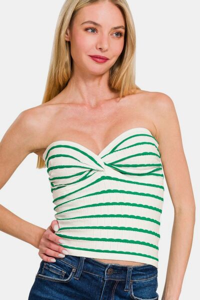 Zenana Twisted Sweetheart Neck Striped Tube Top Green Top - Femme & Flirty