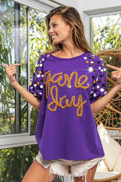 BiBi Game Day Metallic Letter Spangle Sleeve Top - Shop Style & More | Fresh Looks, Everyday Deals & Free Shipping