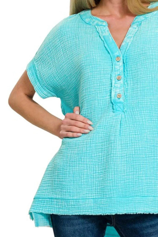 Zenana Washed Double Gauze 3/4 Button Henley Neck Shirt - Shop Style & More | Fresh Looks, Everyday Deals & Free Shipping