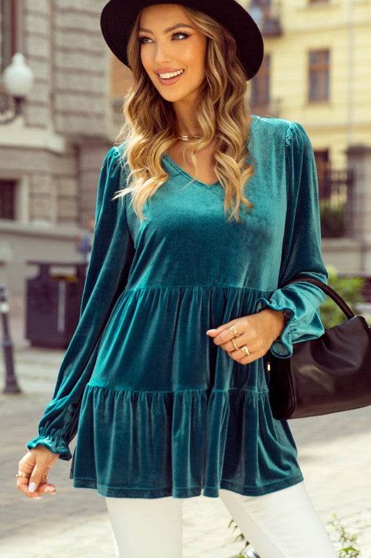 Jasmine Velvet V Neck Puff Sleeve Blouse - Shop Style & More | Fresh Looks, Everyday Deals & Free Shipping