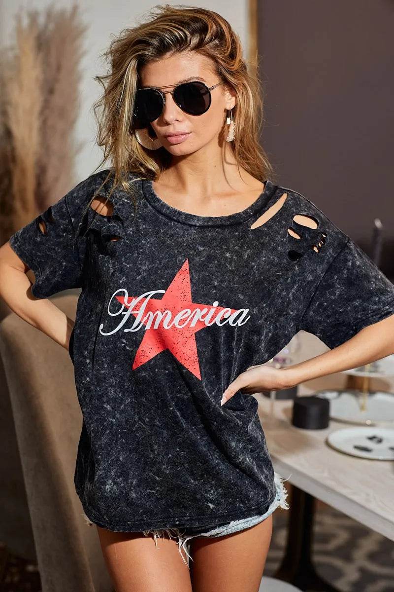 BiBi Laser Cut Mineral Washed Jersey Top with America - Shop Style & More | Fresh Looks, Everyday Deals & Free Shipping