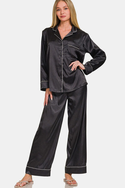 Zenana Satin Long Sleeve Shirt and Pants Pajama Set Black Lounge Set