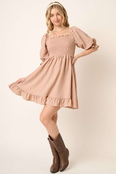 Mittoshop Smocked Ruffled Hem Half Sleeve Mini Dress Casual Dresses