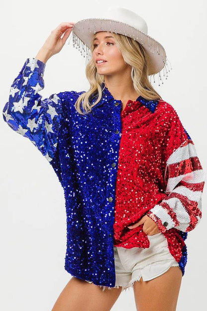 BiBi American Flag Sequin Snap Down Shirt - Shop Style & More | Fresh Looks, Everyday Deals & Free Shipping
