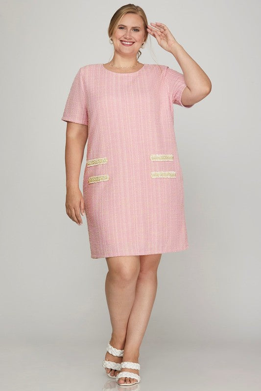 She + Sky Full Size Short Sleeve Pearl Studded Trim Knit Tweed Dress Plus Size Casual Dresses