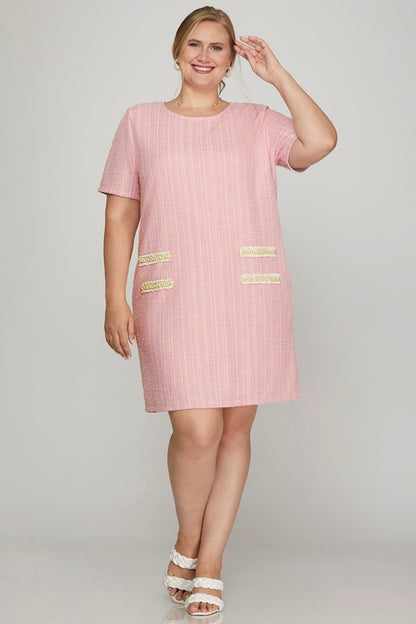 She + Sky Full Size Short Sleeve Pearl Studded Trim Knit Tweed Dress Plus Size Casual Dresses