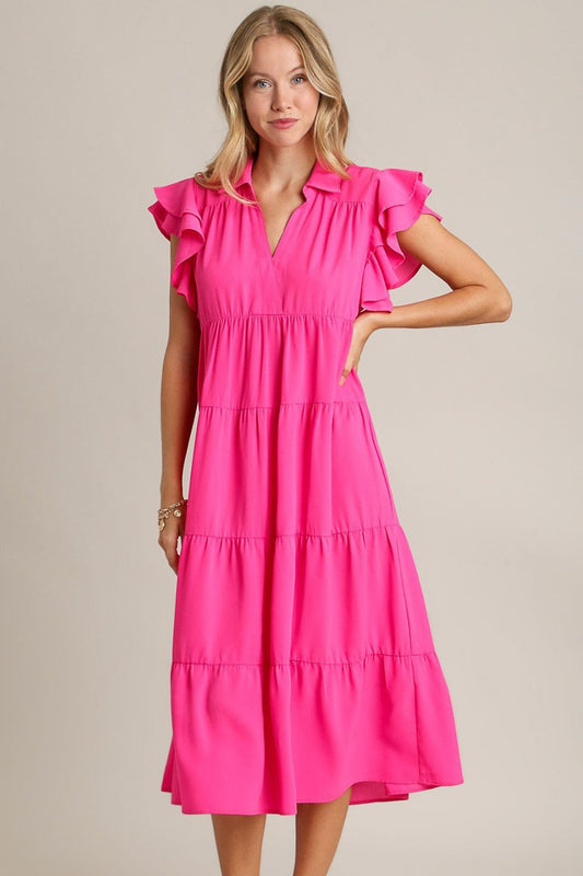 Umgee Full Size Johnny Collar Ruffle Cap Sleeve Tiered Dress Plus Size Hot Pink Casual Dresses