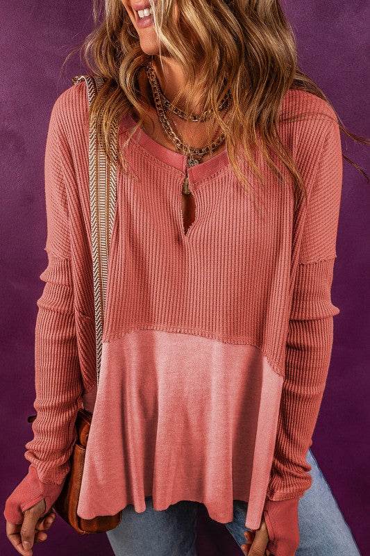 Giselle Exposed Seam Slit Neck Waffle Knit Patchwo - Shop Style & More | Fresh Looks, Everyday Deals & Free Shipping
