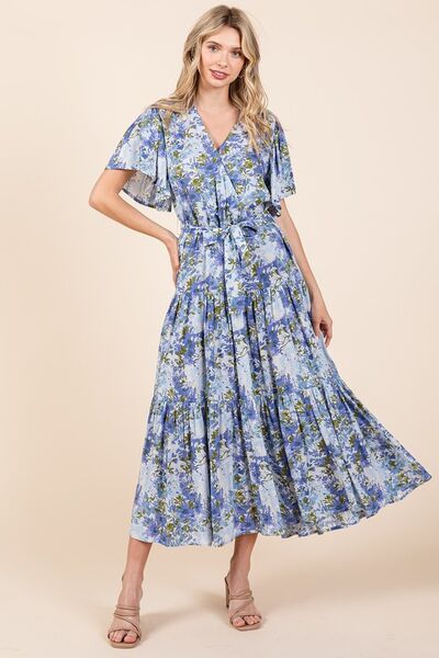 Mittoshop Floral Tie Waist Flutter Sleeve Tiered Dress Casual Dresses