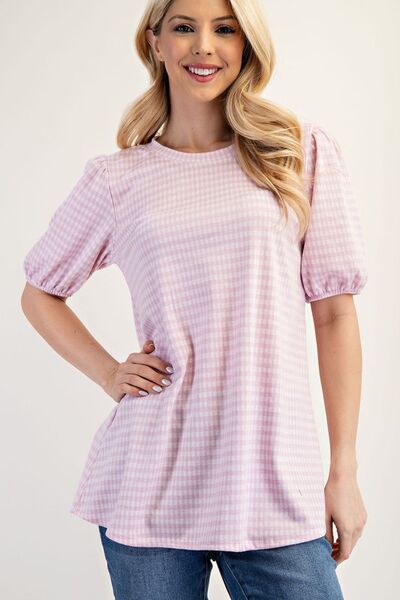 Celeste Full Size Gingham Print Top With Puff Sleeves Plus Size Blush Pink Blouses