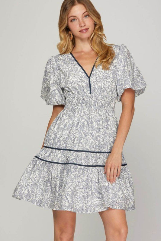 She + Sky Full Size Printed V-Neck Puff Sleeve Tiered Dress Plus Size - Shop Style & More | Fresh Looks, Everyday Deals & Free Shipping