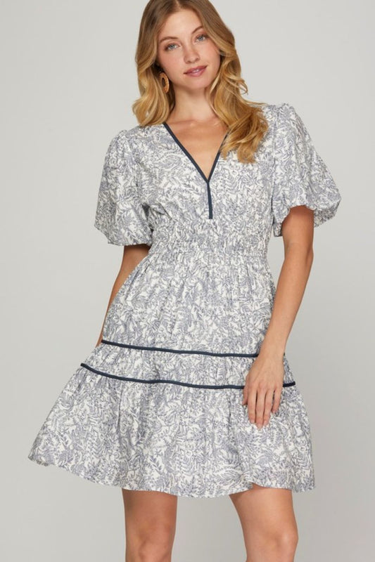 She + Sky Full Size Printed V-Neck Puff Sleeve Tiered Dress Plus Size Deep Teal Casual Dresses