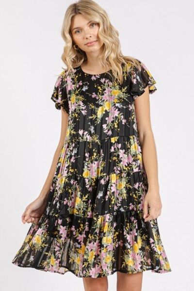 Mittoshop Flower Print Round Neck Flutter Sleeve Tiered Dress Black Casual Dresses