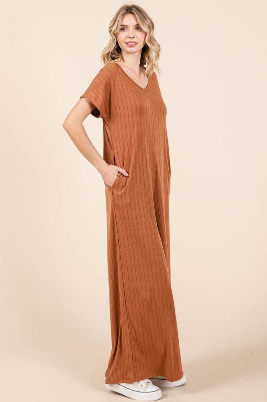 BOMBOM Ribbed Short Sleeve Wide Leg Jumpsuit - Shop Style & More | Fresh Looks, Everyday Deals & Free Shipping