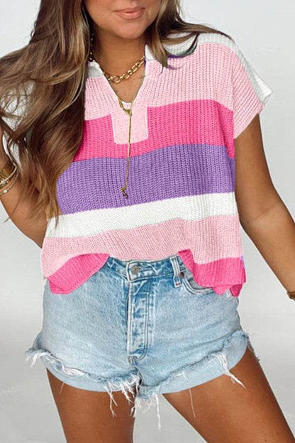 Multicolour Colorblock Notch V Neck Knit T Shirt - Shop Style & More | Fresh Looks, Everyday Deals & Free Shipping