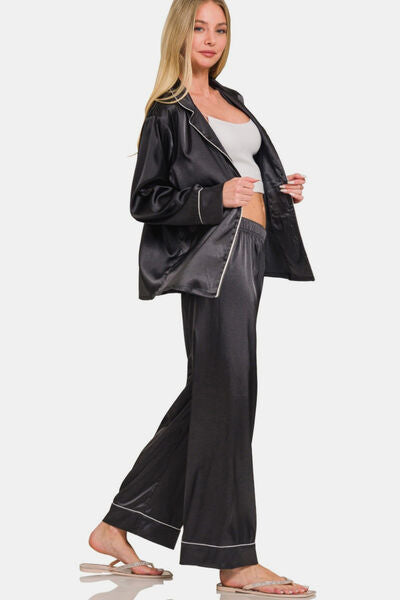 Zenana Satin Long Sleeve Shirt and Pants Pajama Set Lounge Set