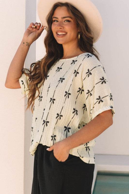 Aviana Bow Print Puff Short Sleeve Top - Shop Style & More | Fresh Looks, Everyday Deals & Free Shipping