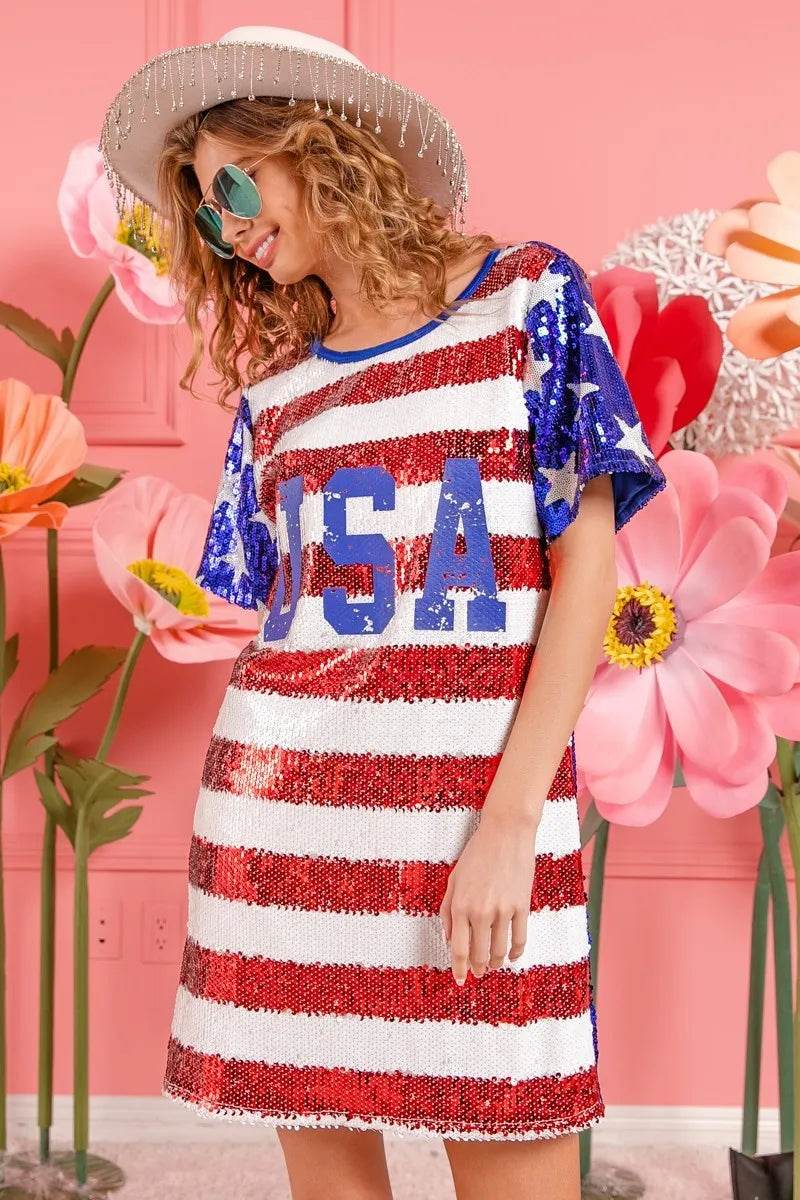 BiBi American Flag Theme Usa Print Sequin Dress - Shop Style & More | Fresh Looks, Everyday Deals & Free Shipping