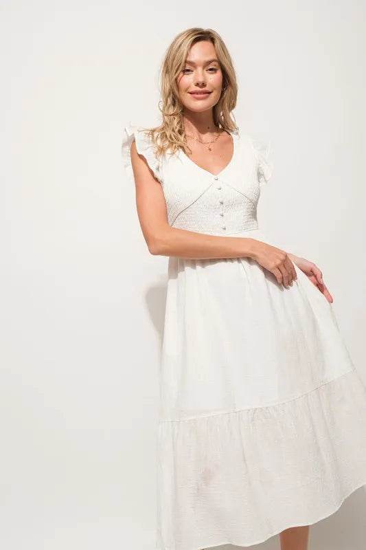 And The Why Ruffle Sleeve Front Smocked Tiered Midi Dress - Shop Style & More | Fresh Looks, Everyday Deals & Free Shipping