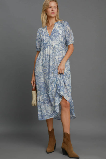 Umgee Full Size Printed Puff Short Sleeve Midi Dress Plus Size BLUE MIX Casual Dresses