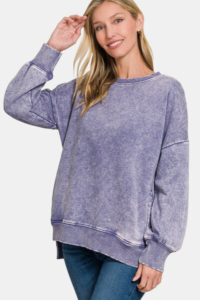 Zenana High-Low Acid Wash Fleece Sweatshirt Mauve Hoodies & Sweaters