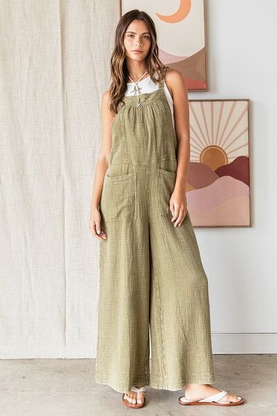 Mittoshop Textured Wide Leg Overalls - Olive Jumpsuits