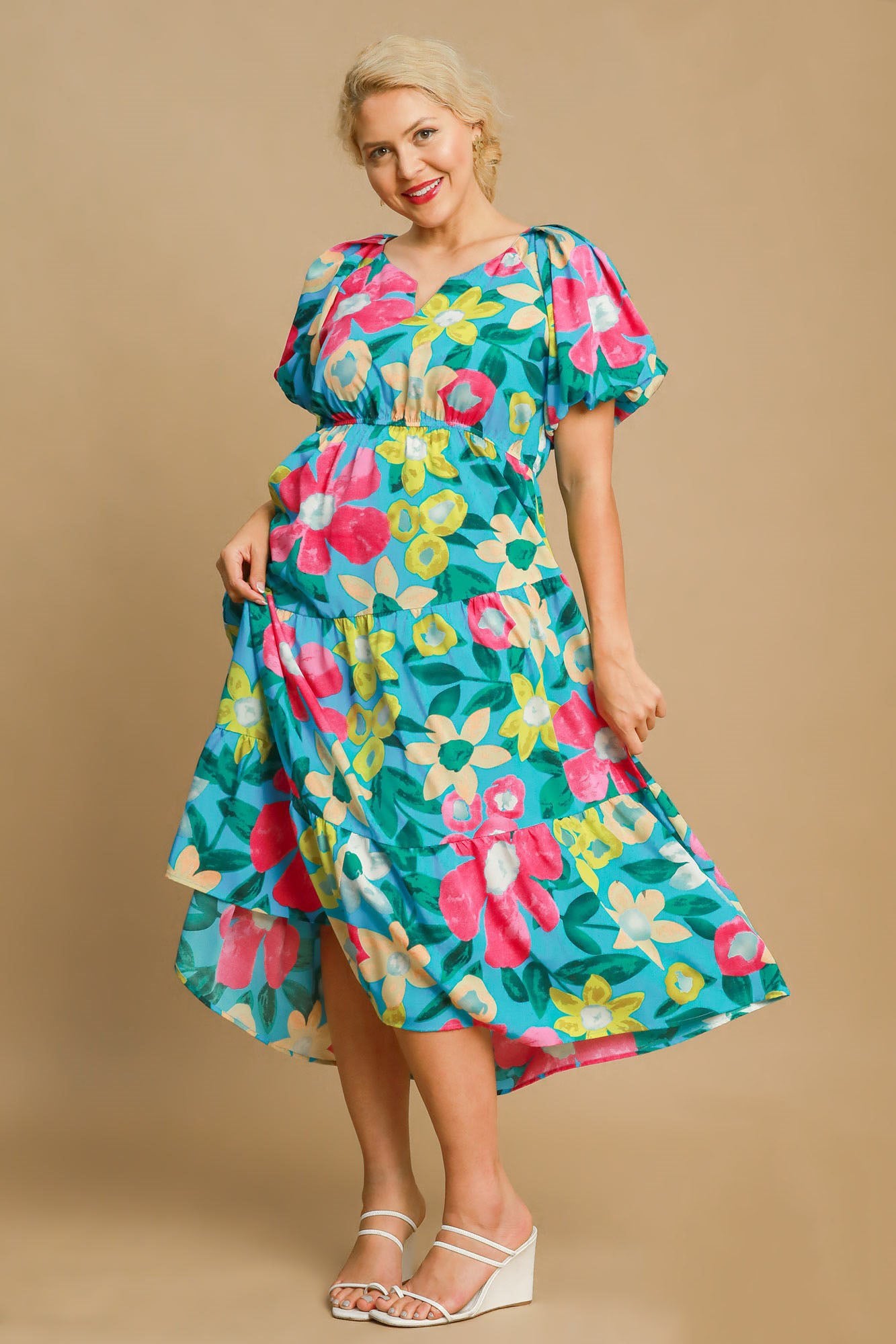 Umgee Full Size Tiered Floral Print Notched Puff Sleeve Midi Dress Plus Size Casual Dresses